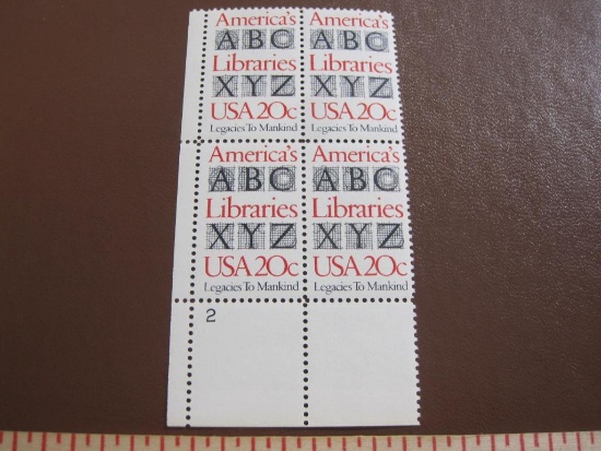 One block of 4 1982 20 cent America's Libraries US postage stamps, Scott # 2015