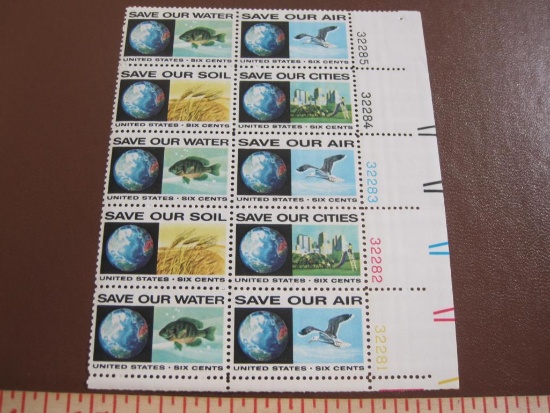Block of 10 1970 6 cent Anti-Pollution US postage stamps, Scott # 1410-13
