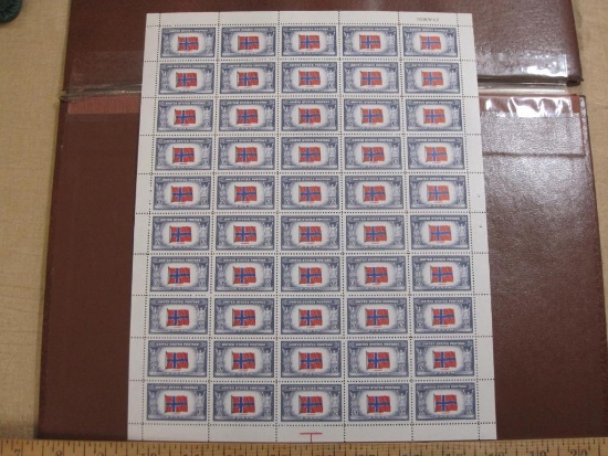Full sheet of 50 1943 5 cent Flag of Norway US postage stamps, Scott # 911