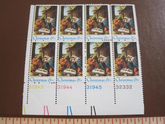 Block of 8 1970 6 cent Christmas, Nativity US postage stamps, Scott # 1414