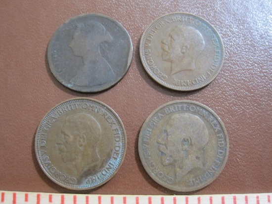 Lot of 4 Great Britain coins, including one 1887 Queen Victoria "bun head" half penny coin and three