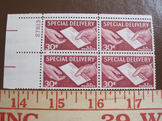 Block of 4 1957 Special Delivery 30 cent lake US postage stamps, Scott # E21