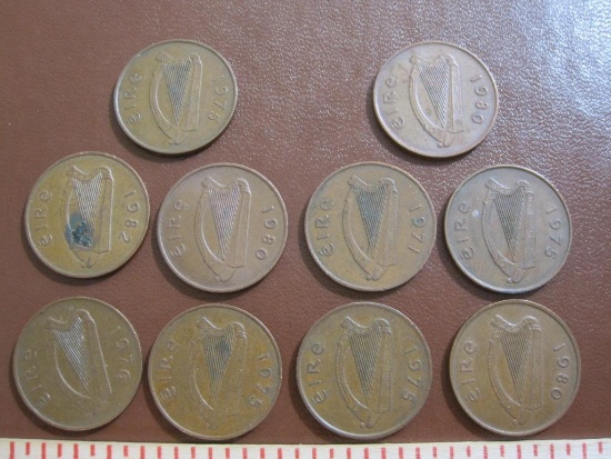 Lot of 10 Ireland 2 P coins: 1971, 1975 (4), 1976, 1980 (3) and 1982