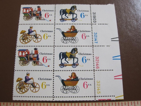 Block of 8 1970 6 cent Christmas Toys US postage stamps, Scott # 1415-18