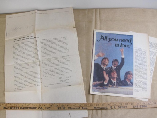 Lot of vintage Beatles newspaper articles including A Love Letter from John and Yoko (The New York