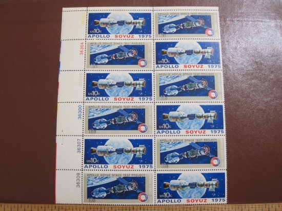 Partial sheet of 12 1975 10 cent Apollo Soyuz Space Mission US postage stamps, Scott # 1569-70