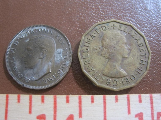 Two UK coins: 1940 farthing and 1965 three pence