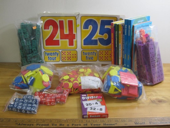 Lot of Children's teaching items, math books, foam blocks, plastic blocks and more