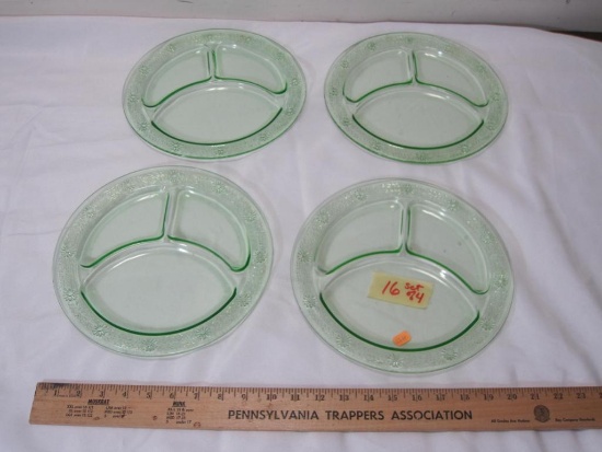 4 uranium green depression glass plates, 10 " in diameter