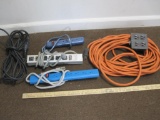 Two surge Protectors, one heavy duty orange cable with 4 gang junction and extra extention cord