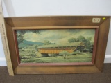 Framed Covered Bridge Print, approx 32 x 20 inches