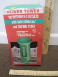 Power tower for outdoors, three outlets, with SafetySlideLoc ? and Ground Stake, weatherproof case