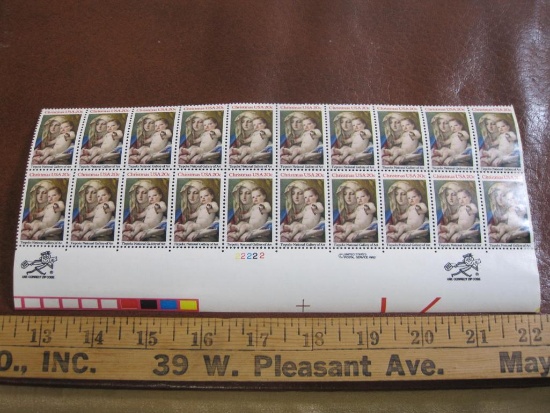 Block of 20 1982 20 cent Christmas Madonna & Child US postage stamps, Scott # 2026