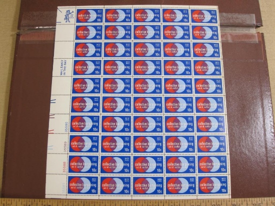 Full sheet of 50 1975 10 cent Collective Bargaining US postage stamps, Scott # 1558
