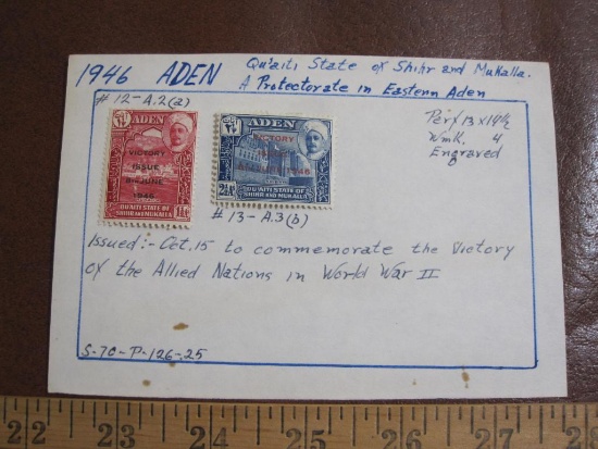 Two hinged Aden postage stamps, issued on Oct. 15, 1946 to commemorate the victory of the Allied