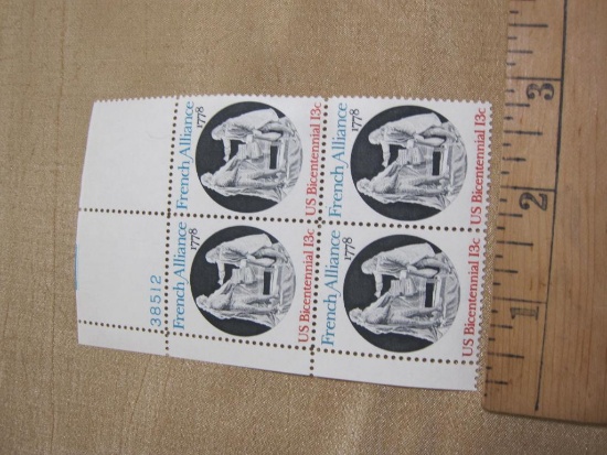 Block of 4 1978 French Alliance US Bicentennial 13 cent postage stamps, #1753