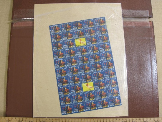 Sheet of 50 1937 American Lung Association US Christmas Seals; stamps are wrapped in protective