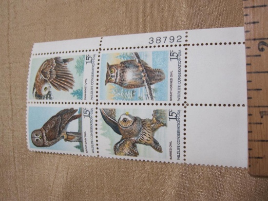 Block of 4 1978 Wildlife Conservation Owls 15 cent US postage stamps, #s 1760-1763