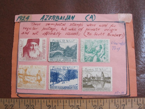 Six hinged 1924 Azerbaijan "semi-postal" stamps, which were used for regular postge but were of