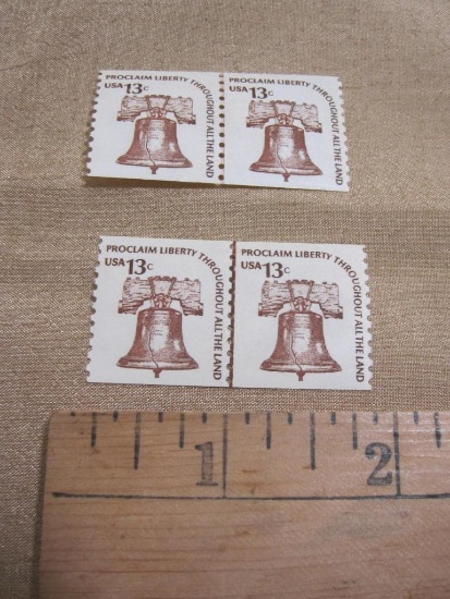 Two blocks of 2 (total 4) Liberty Bell 13 cent US postage stamps, (1875-81), #1618