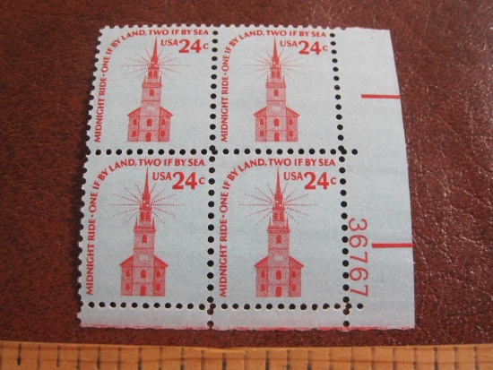 Block of 4 1975 24 cent North Church, Americana Series US postage stamps, Scott # 1603