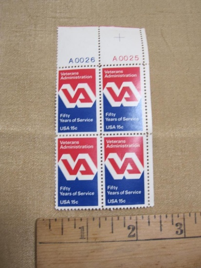 Block of 4 1980 Veterans Administration Fifty Years of Service 15 cent US postage stamps, #1825