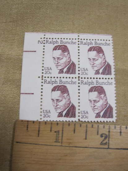 Block of 4 1982 Ralph Bunche 20 cent US postage stamps, #1860