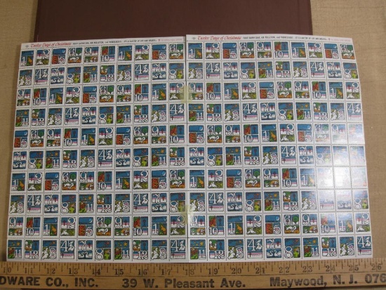 TWO full sheets of 100 1973 American Lung Association US Christmas seals; sheets are attached via