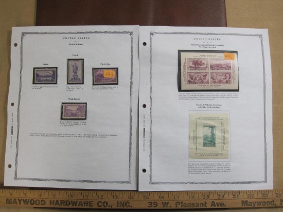 Official Scott Album page of 4 hinged 1937 "Territorial Issues" US postage stamps featuring Alaska,