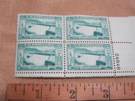 Block of 4 1952 Grand Coulee Dam 3 cent US postage stamps, Scott # 1009