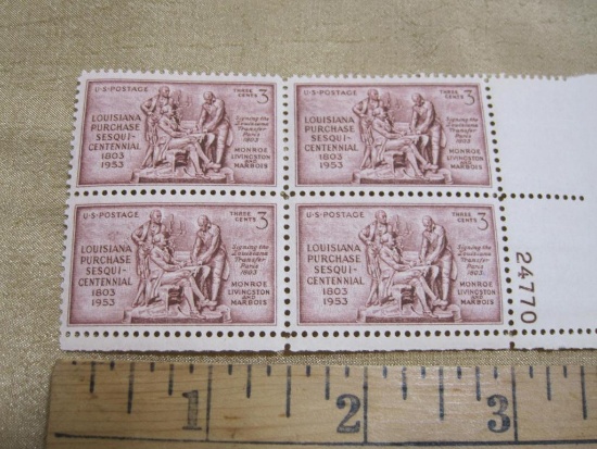 Block of 4 1953 3 cent Louisiana Purchase Sesquicentennial US postage stamps, Scott # 1020