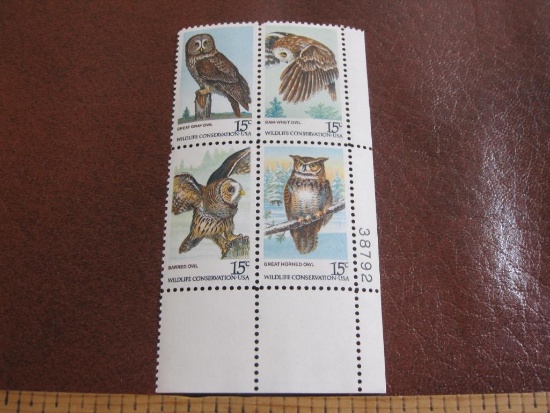 Block of 4 1978 15 cent American Owls US postage stamps; Scott # 1760-63