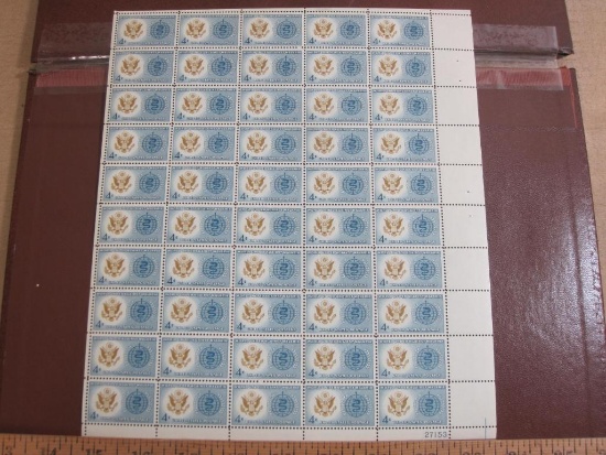 Full sheet of 50 1962 4 cent Malaria Eradication US postage stamps, Scott # 1194