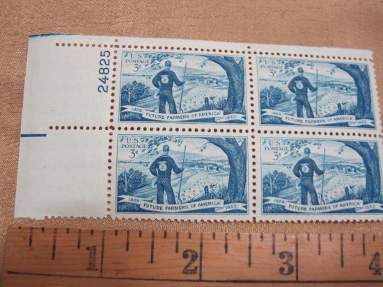 Block of 4 1953 3 cent Future Farmers of America US postage stamps, Scott # 1024