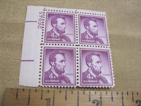 Block of 4 1954 Liberty Series 4c Lincoln US postage stamps, Scott # 1036