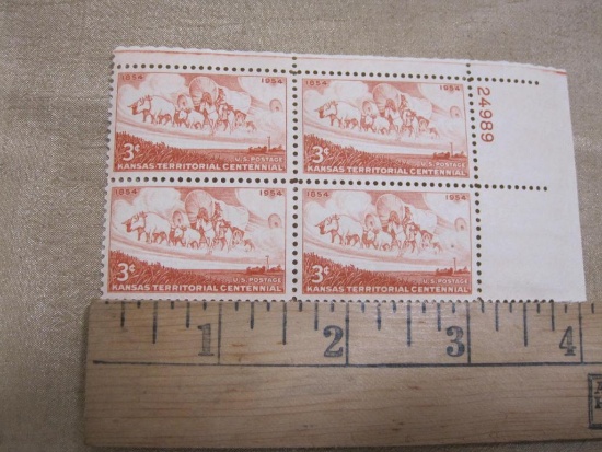 Block of 4 1954 3 cent Kansas Territorial Centennial US postage stamps, Scott # 1061