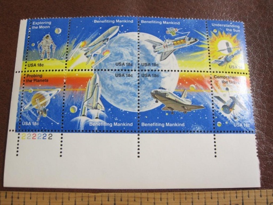 One block of 8 1981 18 cent Space Achievement US postage stamps, Scott # 1912-19