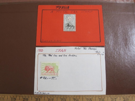 One hinged Persia postal tax stamp and one hinged 1950 Iran postal tax stamp, the latter depicting