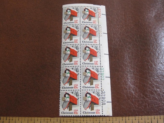Block of 10 1977 13 cent Christmas, Rural Mailbox US postage stamps, Scott # 1730
