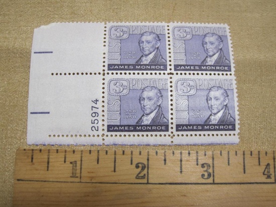 One block of 4 1958 3 cent James Monroe US postage stamps, Scott # 1105