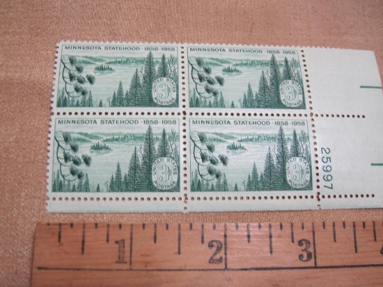 Block of 4 1958 Minnesota Statehood 3 cent US postage stamps, #1106