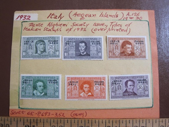 Six hinged 1932 Italy (Aegean Islands) postage stamps, issued by Dante Alighieri Society