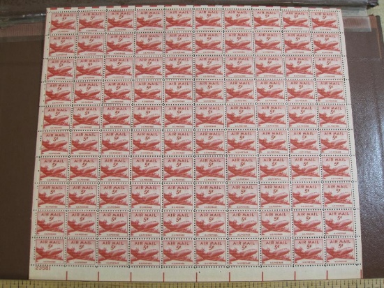 Full sheet of 100 1946 5 cent DC-4 Skymaster US airmail stamps, Scott # C33