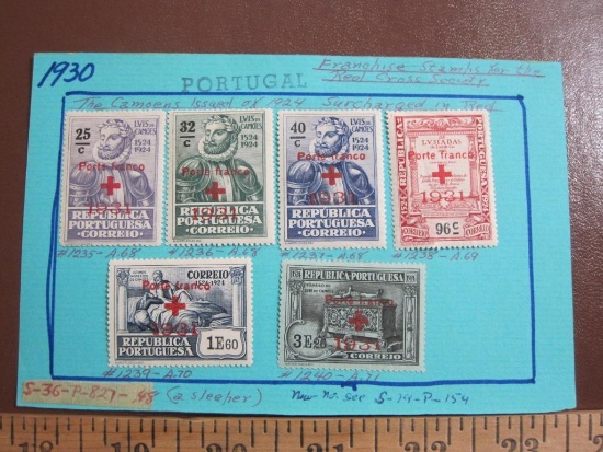 Six hinged 1930 Portugal stamps, "franchise stamps for the Red Cross Society."