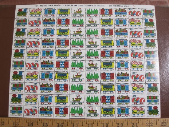 Full sheet of 100 1967 American Lung Association US Christmas seals; see pictures for condition