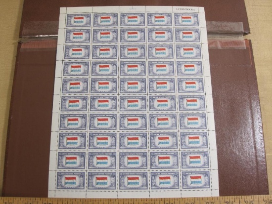 Full sheet of 50 1943 Luxembourg Flag US postage stamps, Scott # 912