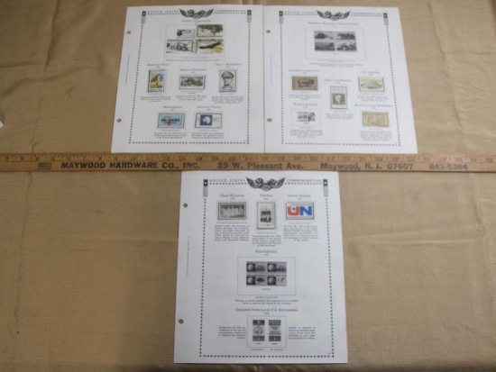 Three completed stamp collecting album pages printed by Minkus Publications; includes 12 mounted
