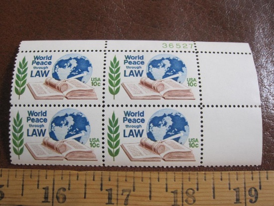 One block of 4 1975 10 cent World Peace through Law US postage stamps, Scott # 1576
