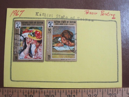 Two hinged 1967 Kathiri State of Seiyun, Saudi Arabia postage stamps depicting Renoir paintings