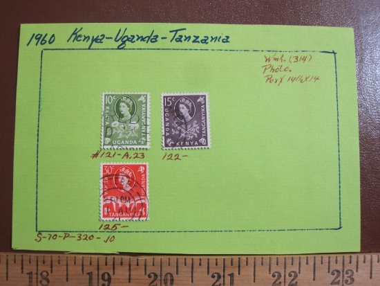 Three hinged canceled 1960 stamps from Kenya, Uganda and Tanzania